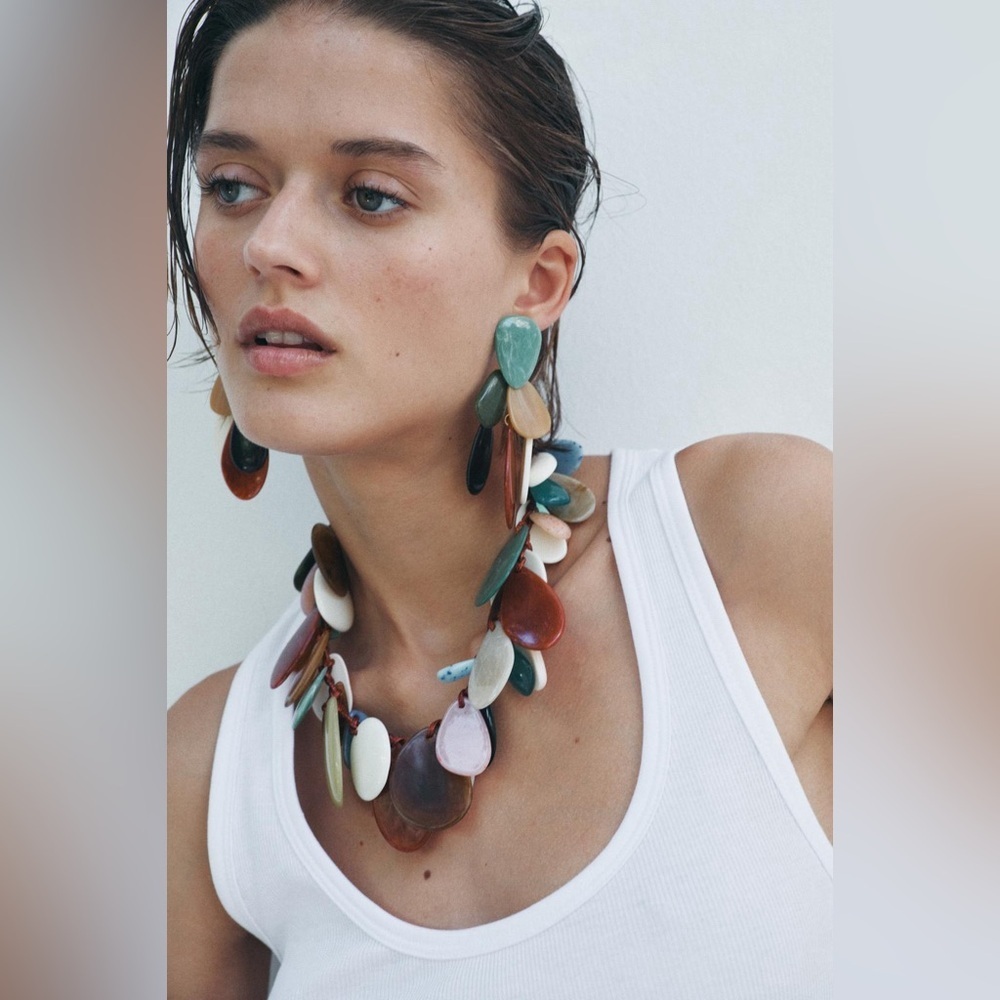 NWT. Zara Multicolor Long Metal Earrings with Colorful Resin Pieces. - Picture 2 of 6